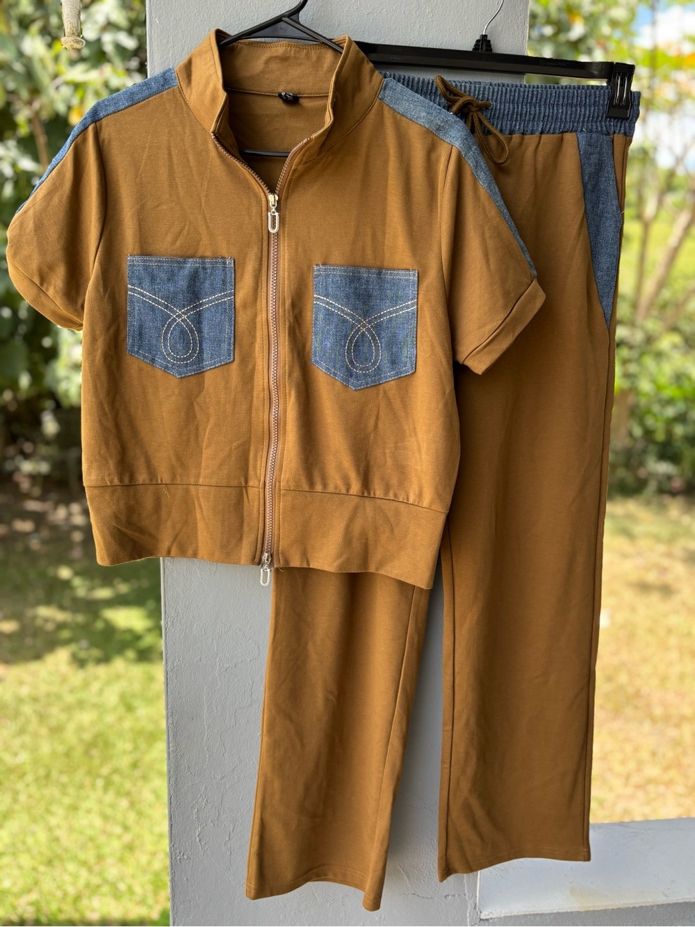 Two-Piece Zip Jacket & Pants Set - Mustard with Denim Accents